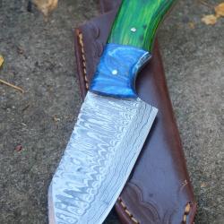 Couteau Skinner Découpe Damas Lame Acier 256 Couches Manche Résine & Bois Etui Cuir Fabr ArtisanaleA