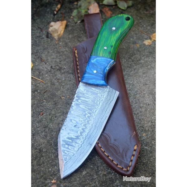 Couteau Skinner Dcoupe Damas Lame Acier 256 Couches Manche Rsine & Bois Etui Cuir Fabr ArtisanaleA