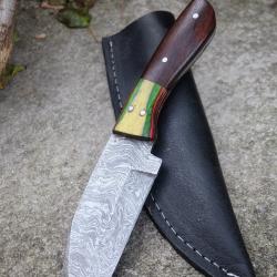 Couteau De Cuisine & Rando Lame Santoku Acier Damas 256 Couches Manche Bois Etui Cuir F Artisanale