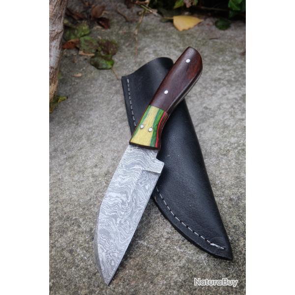 Couteau De Cuisine & Rando Lame Santoku Acier Damas 256 Couches Manche Bois Etui Cuir F Artisanale