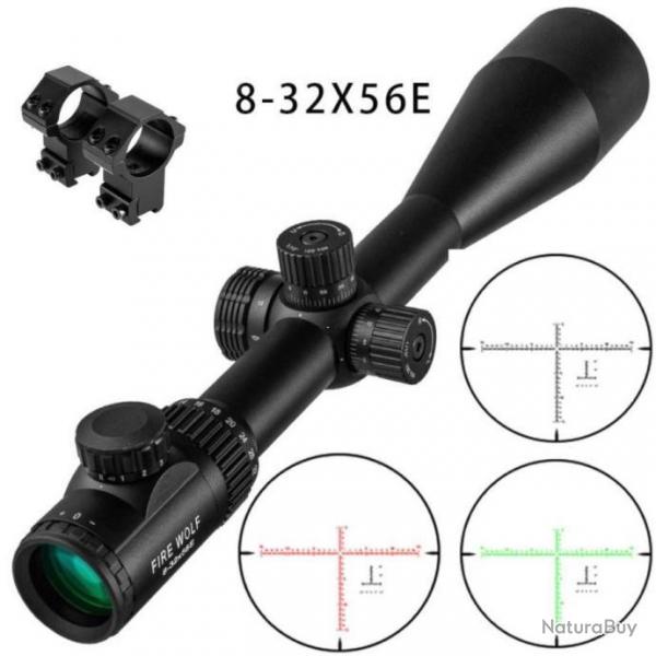 Lunette 8-32x56E Colliers Rail 11mm Rticule Vert-Rouge Chasse Tir Battue Tactique Lunette de Vise
