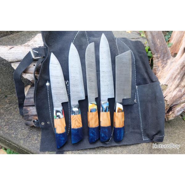 Lot de 5 Couteau de Cuisine Style Japonais Lame Acier Damas 256 Couches Housse Simili Fab Artisanale