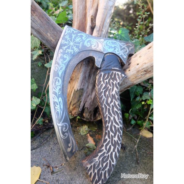 Hache de Viking Ragnar Lothbrok Lame Acier Carbone 1055 Symboles Manche Bois Fab Artisanale