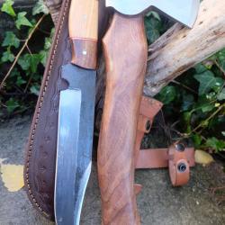 Set de Trappeur : Hache + Bowie Lame Acier Carbone 1075 Etui Cuir Manche Bois Fabrication Artisanale
