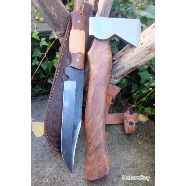 Set de Trappeur : Hache + Bowie Lame Acier Carbone 1075 Etui Cuir Manche Bois Fabrication Artisanale