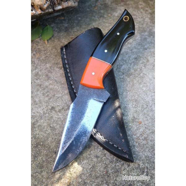 Couteau Skinner de Chasse Bushcraft Lame Acier Carbone 1075 Manche Rsine Etui Cuir Fabr Artisanat 2