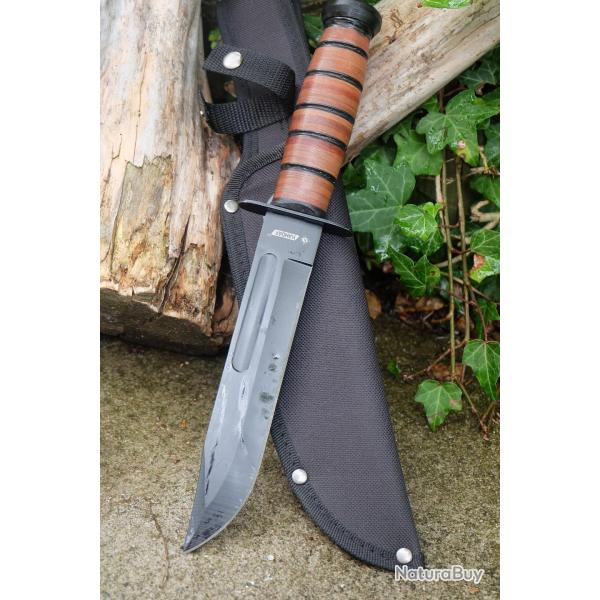 Couteau Tactical Marines Combat Fighting Lame Acier 3Cr13 Black Manche Cuir Etui Nylon Style Ka-barA