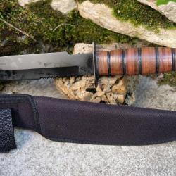 Couteau Tactical Marines Combat Fighting Lame Acier 3Cr13 Serr Black Manche Cuir Etui Style Ka-bar