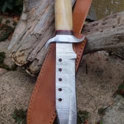 Couteau Bowie Crocodile Dundee Bush Manche Os Lame Acier Damas 256 Couches Etui Cuir F Artisanale 01