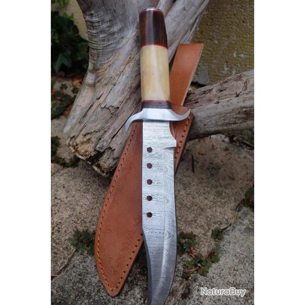 Couteau Bowie Crocodile Dundee Bush Manche Os Lame Acier Damas 256 Couches Etui Cuir F Artisanale 01