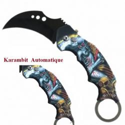 Couteau Pliant Karambit Skull gris et orange  Lame de 7 cm