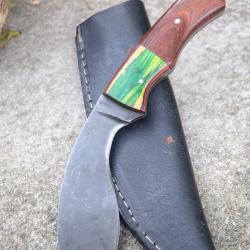 Couteau Kukri Gurkha Lame Acier Carbone 1055 Manche Bois Etui Cuir Fabric Artisanale