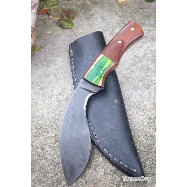 Couteau Kukri Gurkha Lame Acier Carbone 1055 Manche Bois Etui Cuir Fabric Artisanale