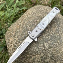 Couteau Vintage Style Italien Flipper Acier 440 Lame Spear Point Plaquettes Façon Perle Grise