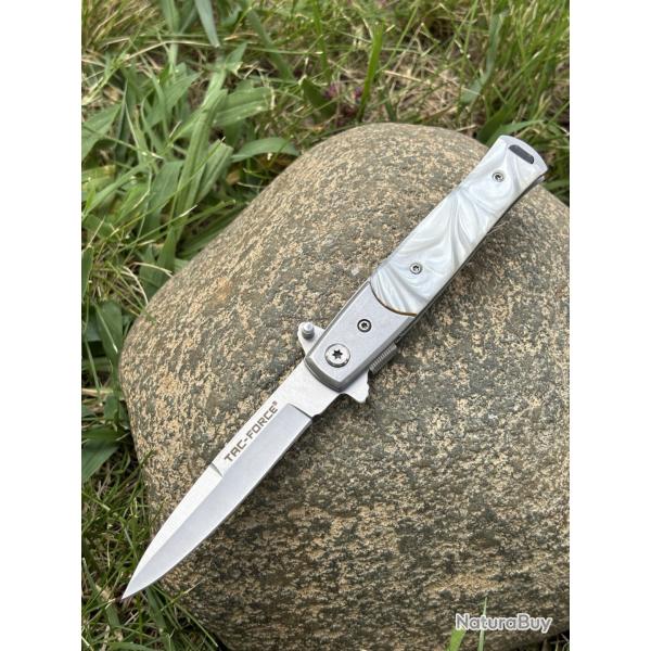 Couteau Vintage Style Italien Flipper Acier 440 Lame Spear Point Plaquettes Faon Perle Grise