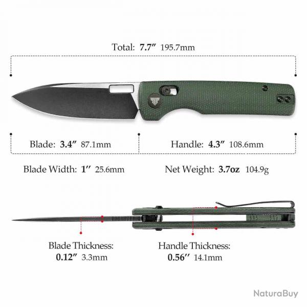 Couteau TRIVISA Sabretooth-GM Green Crossbar Lock Lame Acier 14C28N Manche Micarta TVTY29GM14