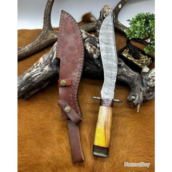 Couteau Bowie RITE EDGE lame acier damas 256couches : pice unique manche en bois ref NBC5