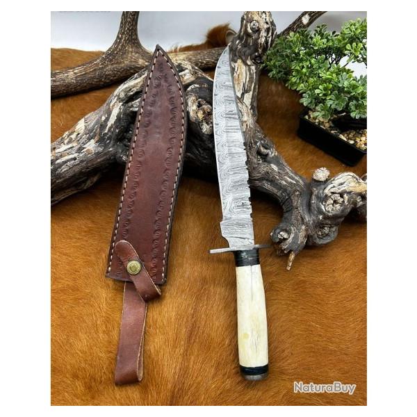 Couteau Bowie RITE EDGE lame acier damas 256couches : pice unique manche en os ref NO36