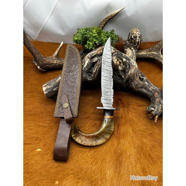 Couteau Bowie RITE EDGE lame acier damas 256couches: manche en corne de blier ref NB160