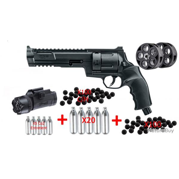 Pack HDR68 Umarex T4E 16J HomeDefense +100 BBs caout+ 5 Co + 2 Barillets + LampeLaser