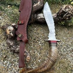 Couteau Bowie RITE EDGE lame acier damas 256couches: manche en corne de bélier ref NC46