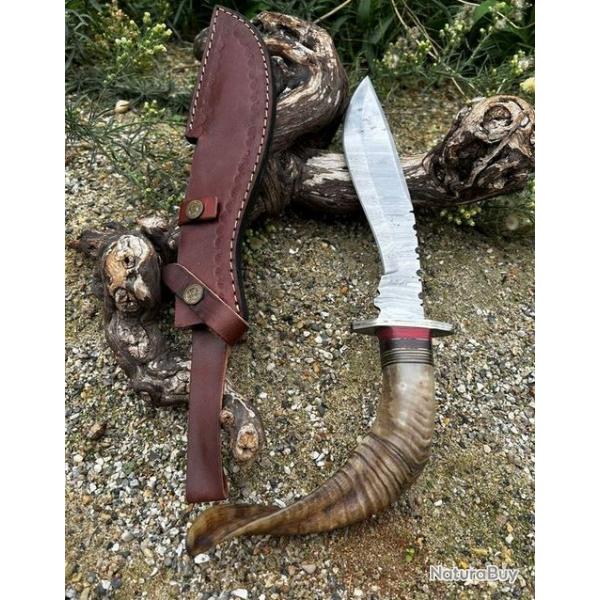 Couteau Bowie RITE EDGE lame acier damas 256couches: manche en corne de bélier ref NC46