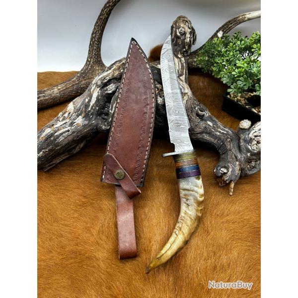 Couteau Bowie RITE EDGE lame acier damas 256couches: manche en corne de bélier ref NC29