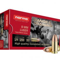 Cartouches NORMA RANGE & TRAINING Calibre 9mmx19 124grs FMJ - Boite de 50 unités
