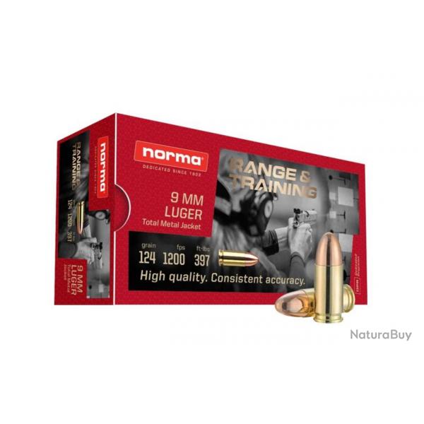 Cartouches NORMA RANGE & TRAINING Calibre 9mmx19 124grs FMJ - Boite de 50 units