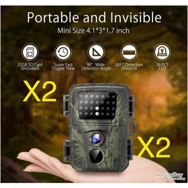 ENCHERE LOT DE 2 MINI CAMERAS DE CHASSE A VISION NOCTURE AVEC 2 CARTES SD DE 32GIGAS INCLUS NEUF.