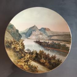 Peinture à l'huile de la vallée du Rhin sur grande assiette terre cuite estampillée année 1960 /1970