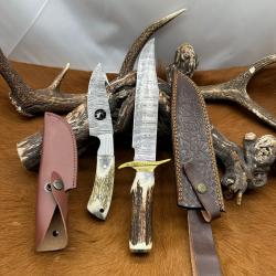 Set Bowie de chasse et couteau skinner RITE EDGE: Manche en bois de Cerf avec étui en Cuir ref NS603