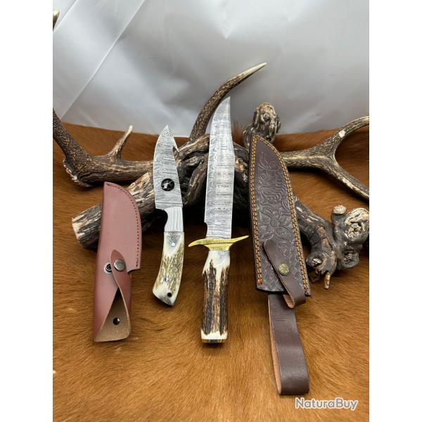 Set Bowie de chasse et couteau skinner RITE EDGE: Manche en bois de Cerf avec tui en Cuir ref NS603