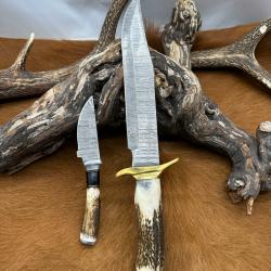 Set Bowie de chasse RITE EDGE avec mini-couteau : Manche en bois de Cerf avec étui en Cuir NS602