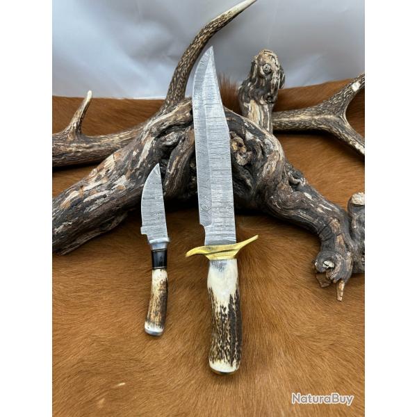 Set Bowie de chasse RITE EDGE avec mini-couteau : Manche en bois de Cerf avec tui en Cuir NS602