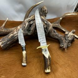 Set Bowie de chasse RITE EDGE avec mini-couteau : Manche en bois de Cerf avec étui en Cuir NS601