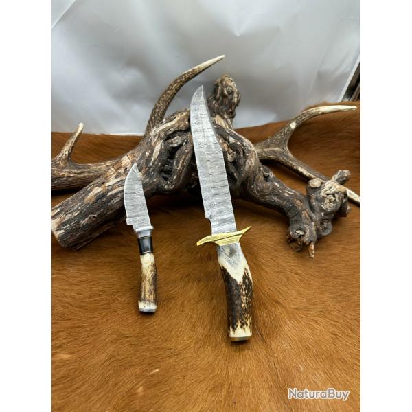 Set Bowie de chasse RITE EDGE avec mini-couteau : Manche en bois de Cerf avec tui en Cuir NS601