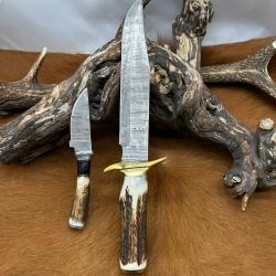 Set Bowie de chasse RITE EDGE avec mini-couteau : Manche en bois de Cerf avec étui en Cuir NS600