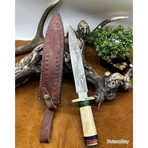 Couteau Bowie RITE EDGE lame en acier damas 256 couches manche os NO44