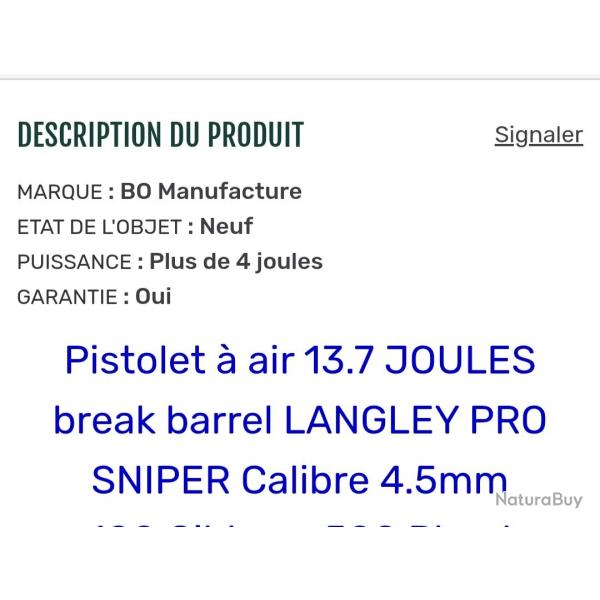 Pistolet a air 13.7 joules 4.5 langley pro sniper