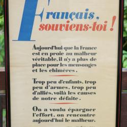 rare Affiche encadrée « Français souviens toi ! » vers 1941 Secours Populaire SDC25PET003
