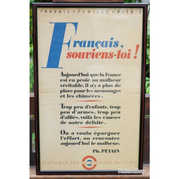 rare Affiche encadre Franais souviens toi! vers 1941 Secours Populaire SDC25PET003