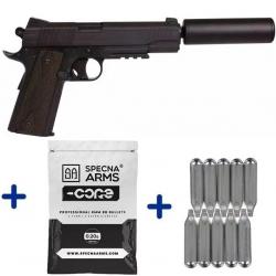 Pack Airsoft Colt 1911 Full Métal avec silencieux Co2