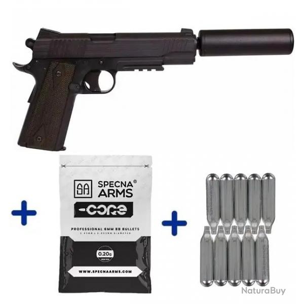 Pack Airsoft Colt 1911 Full Mtal avec silencieux Co2