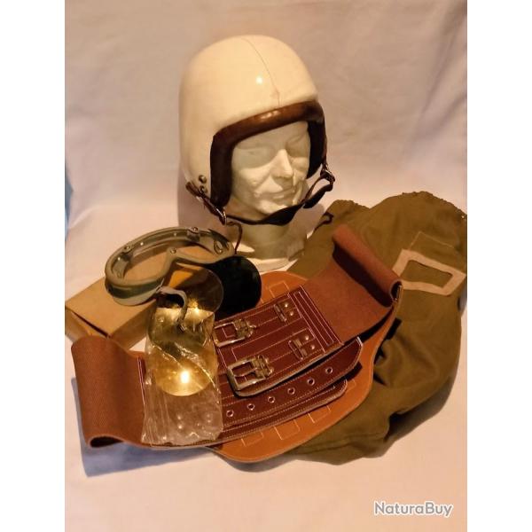 Ensemble pilote casque Guneau type BE lunette ceinture maintien vintage