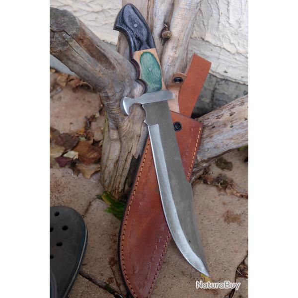 Bowie Bushcraft Couteau de Chasse Survie Lame Carbone 1055 Manche Bois/Acier Etui Cuir F Artisanale