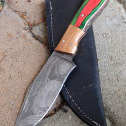 Skinner Couteau de Chasse Damas Lame Bowie 256 Couches Manche Bois Automne F Artisanat Etui Simili