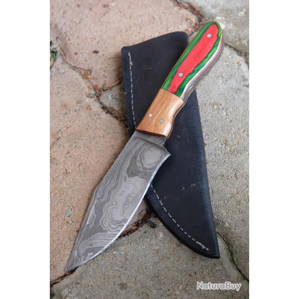 Skinner Couteau de Chasse Damas Lame Bowie 256 Couches Manche Bois Automne F Artisanat Etui Simili