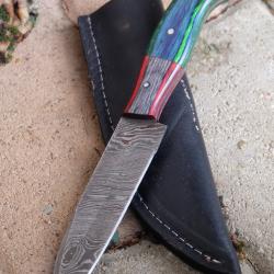 Couteau Skinner Damas Lame wharncliffe Acier 256 Couches Manche 2 Bois Etui Cuir Fabr Artisan