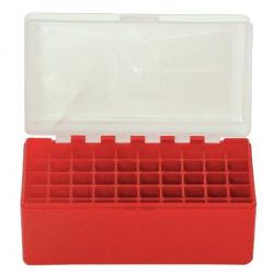 BOITE DE RANGEMENT ROUGE COUVERCLE TRANSPARENT 50 MUNITIONS CAL 45LC/44MAG